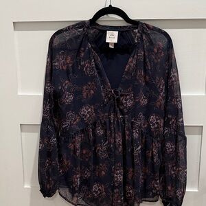 Knox Rose Navy and Brown Floral Blouse